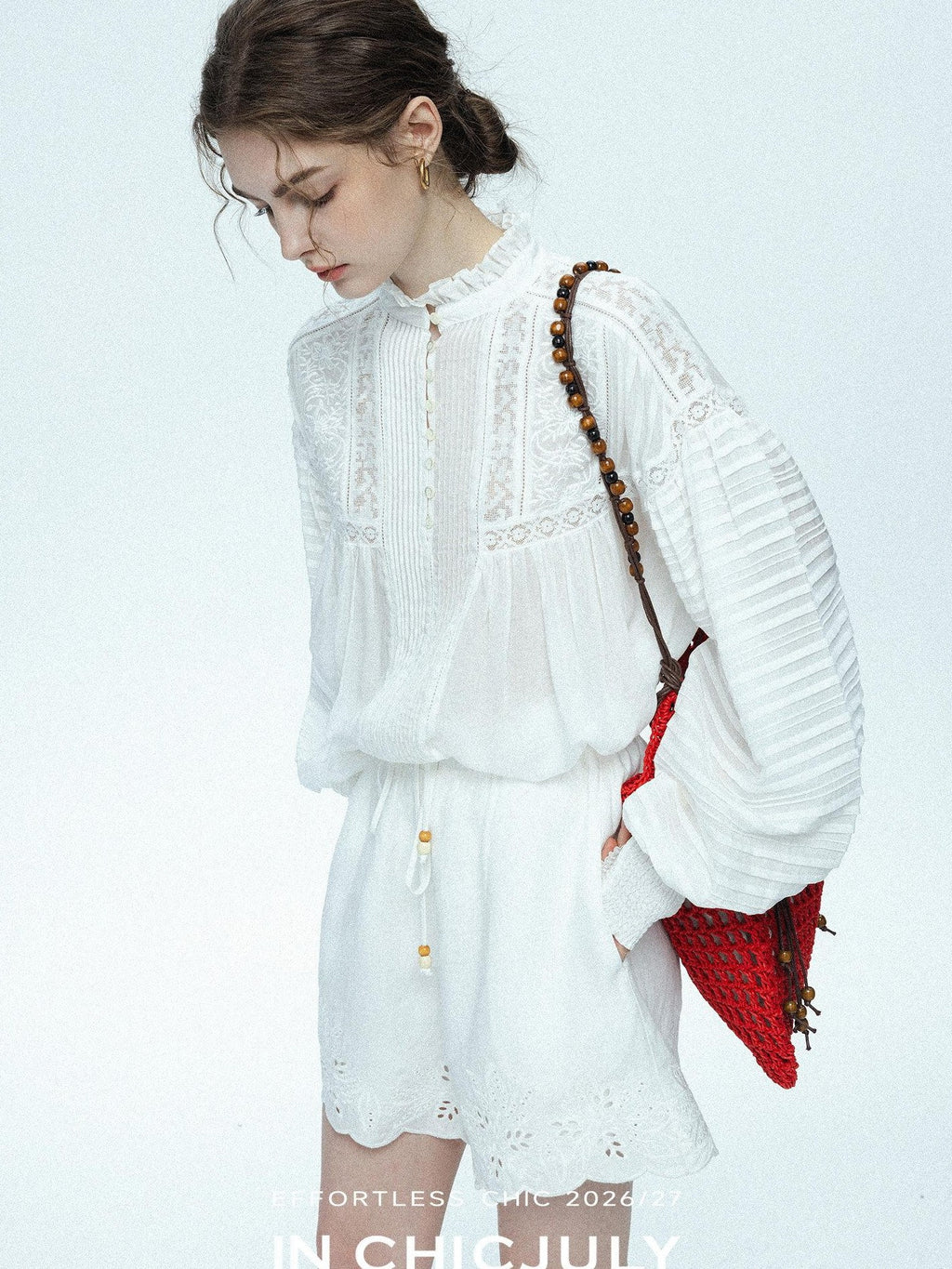 chicjuly Ivory Embroidered Lace Panel French Stand Collar Women's Lyocell Blouses