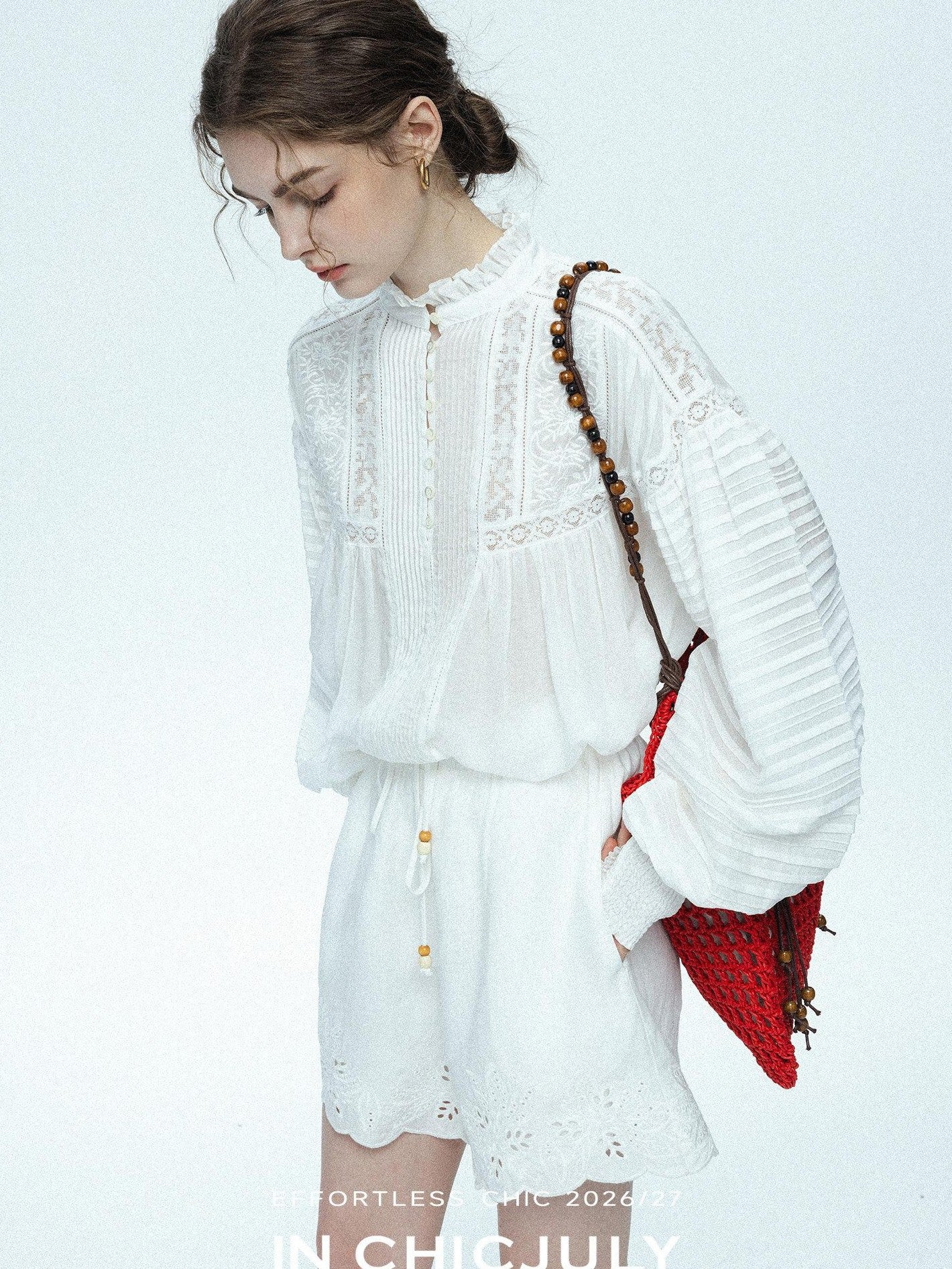 chicjuly Ivory Embroidered Lace Panel French Stand Collar Women's Lyocell Blouses