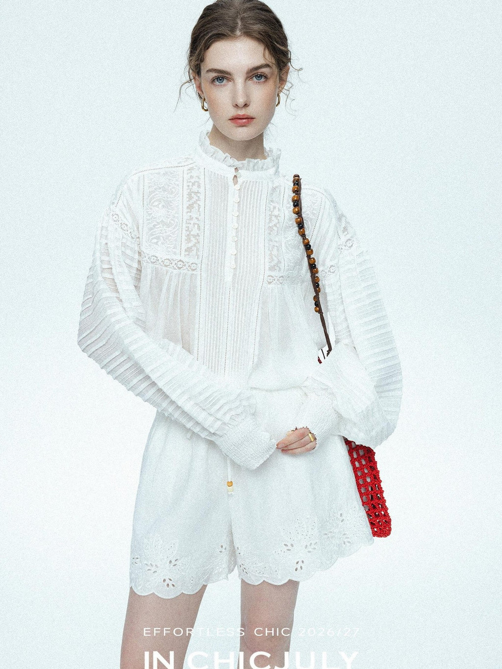 chicjuly Ivory Embroidered Lace Panel French Stand Collar Women's Lyocell Blouses