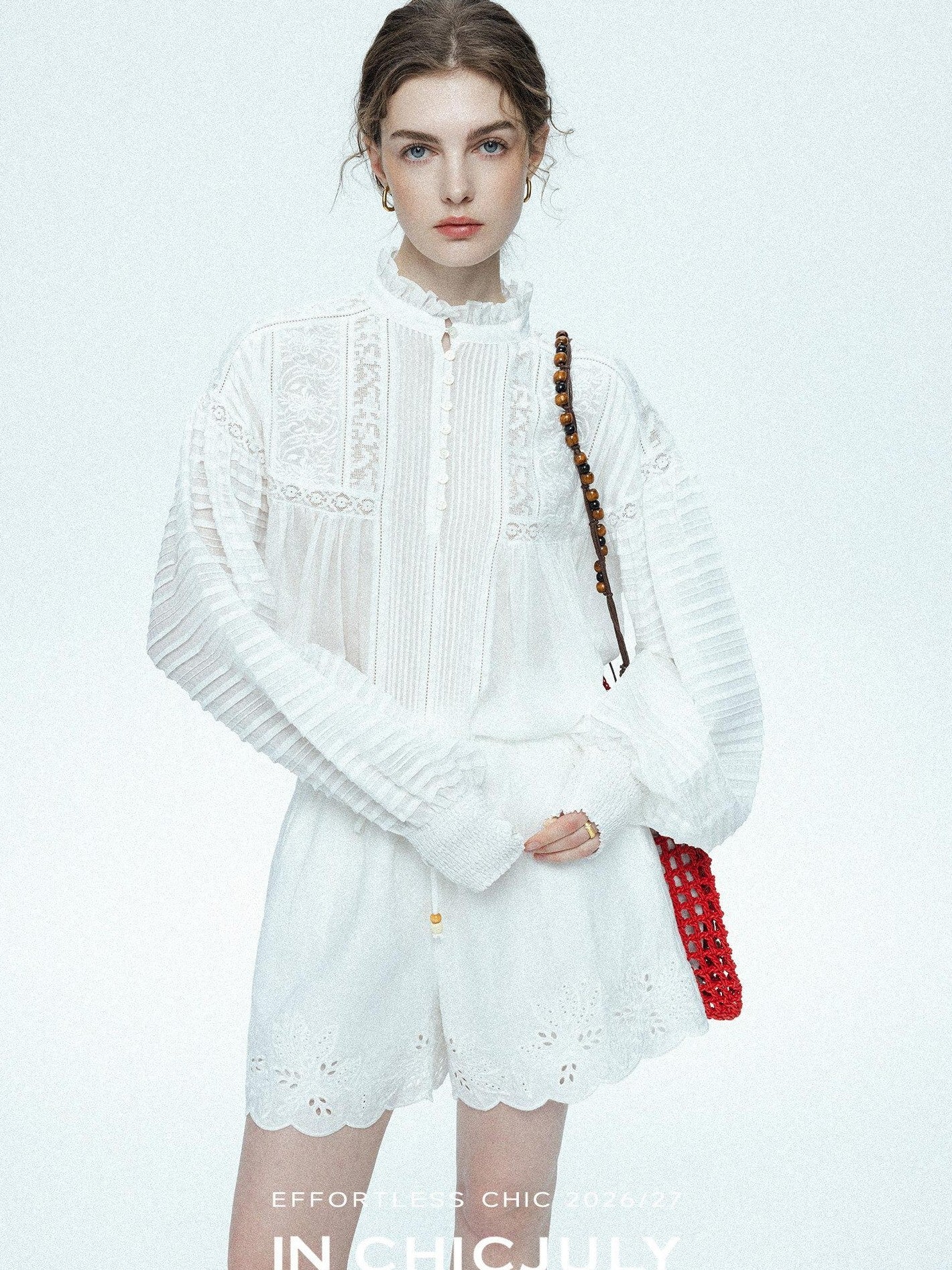 chicjuly Ivory Embroidered Lace Panel French Stand Collar Women's Lyocell Blouses