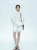 chicjuly Ivory Embroidered Lace Panel French Stand Collar Women's Lyocell Blouses