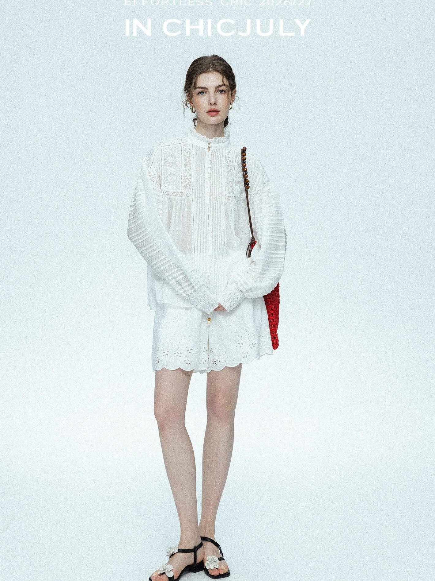 chicjuly Ivory Embroidered Lace Panel French Stand Collar Women's Lyocell Blouses