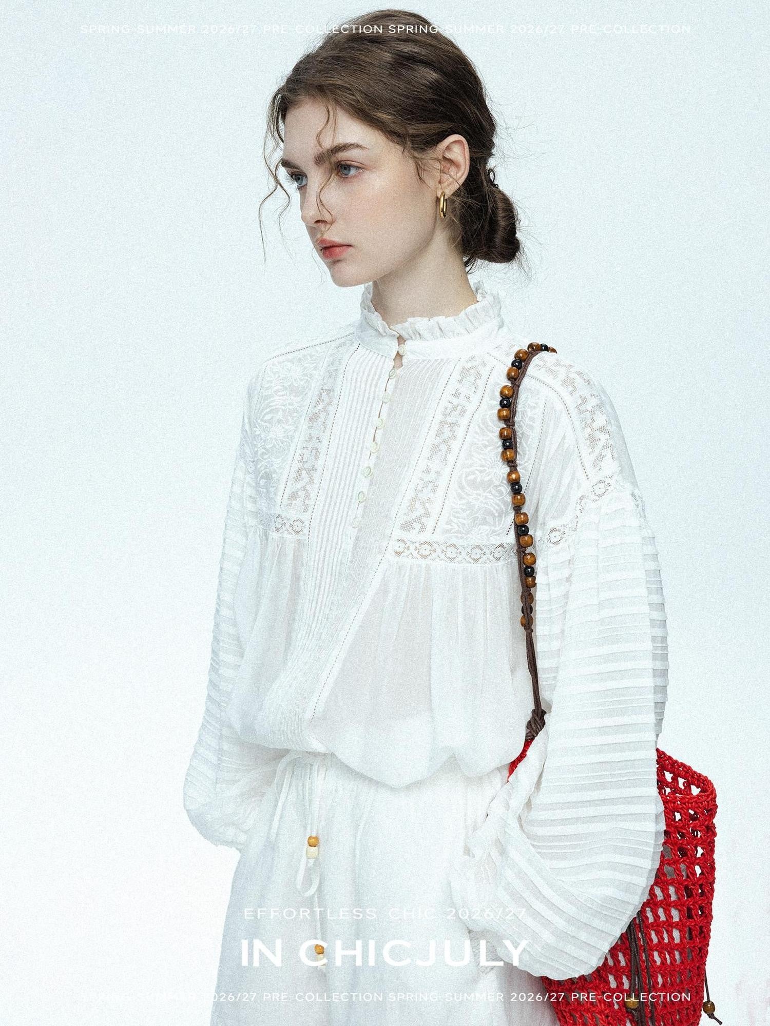 chicjuly Ivory Embroidered Lace Panel French Stand Collar Women's Lyocell Blouses