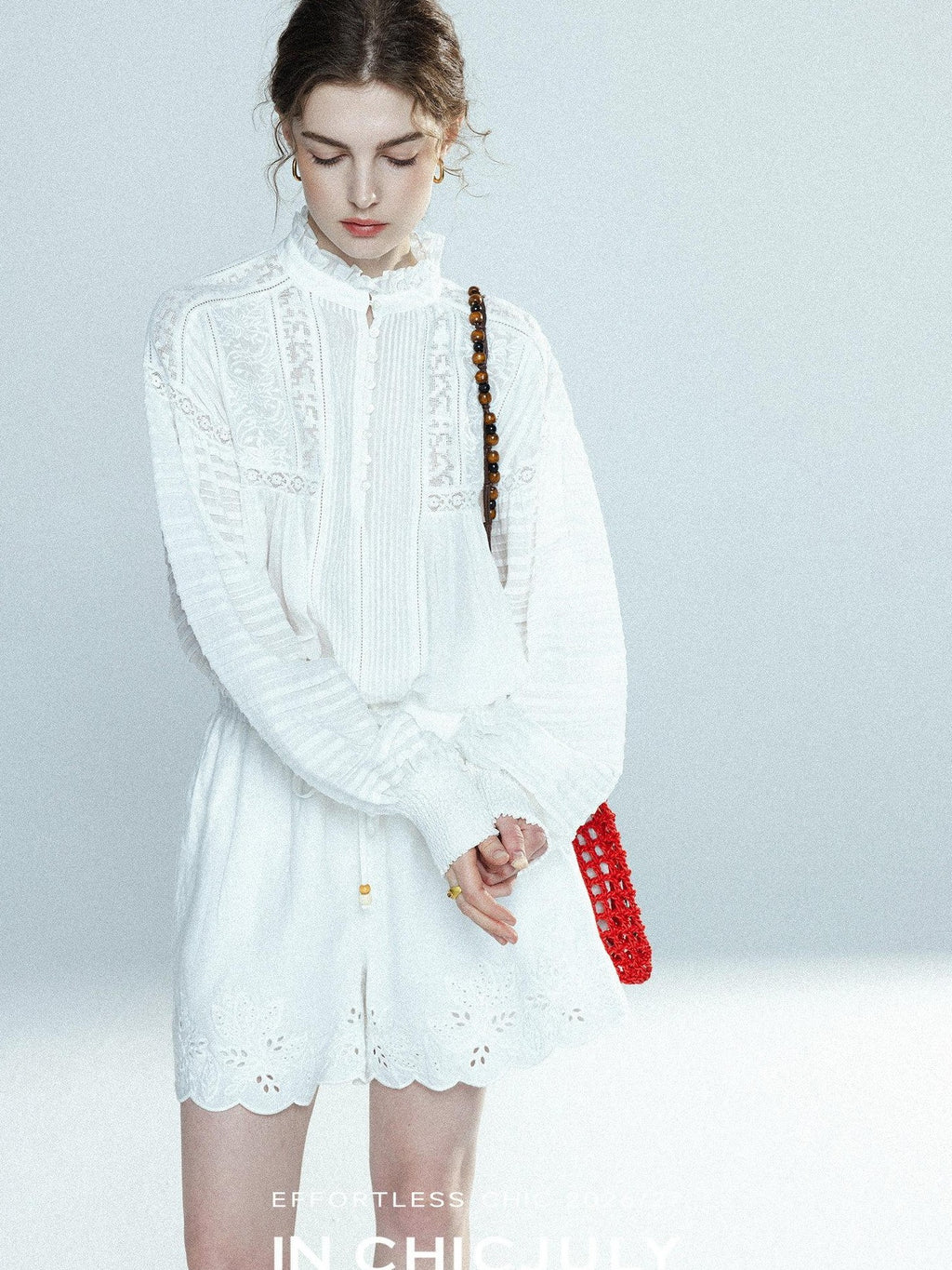 chicjuly Ivory Embroidered Lace Panel French Stand Collar Women's Lyocell Blouses