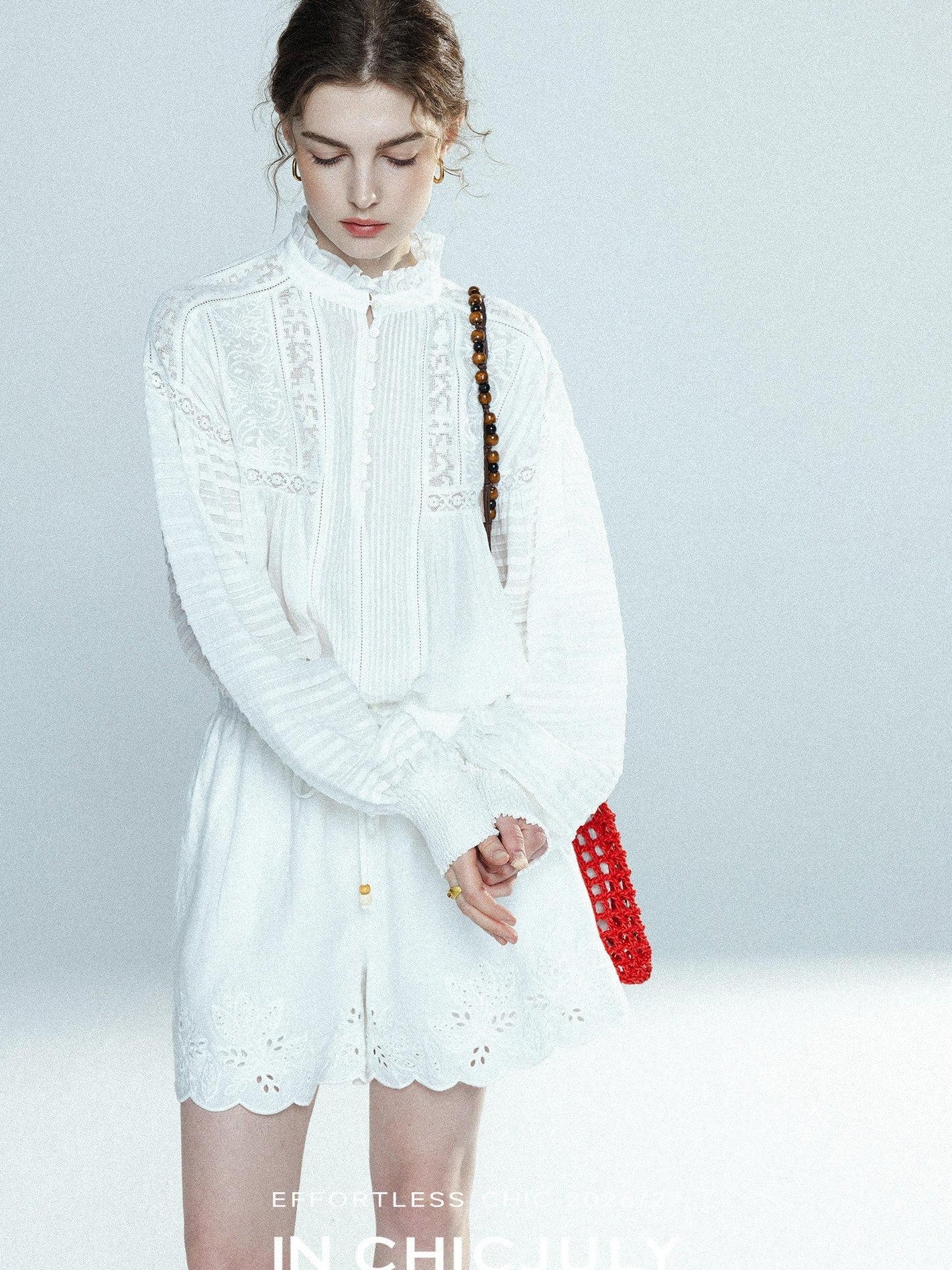 chicjuly Ivory Embroidered Lace Panel French Stand Collar Women's Lyocell Blouses