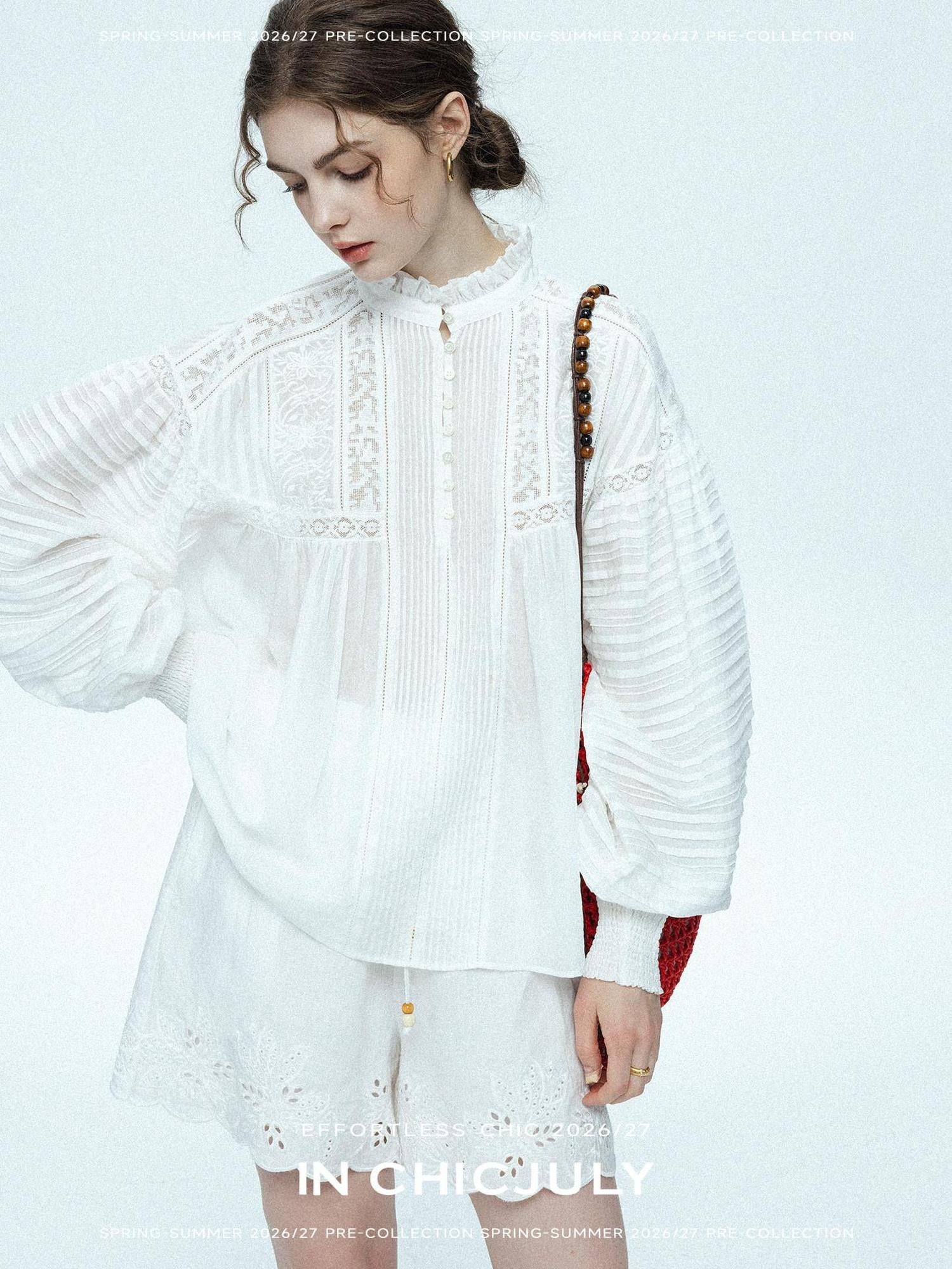 chicjuly Ivory Embroidered Lace Panel French Stand Collar Women's Lyocell Blouses