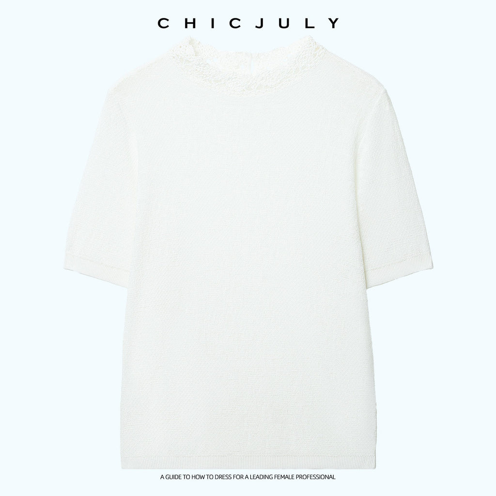 chicjuly Ivory Jacquard Heavyweight Knit Women's Acetate Short Sleeve T-shirts 1047624633142