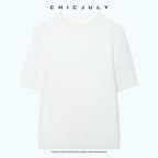 chicjuly Ivory Jacquard Heavyweight Knit Women's Acetate Short Sleeve T-shirts 1047624633142