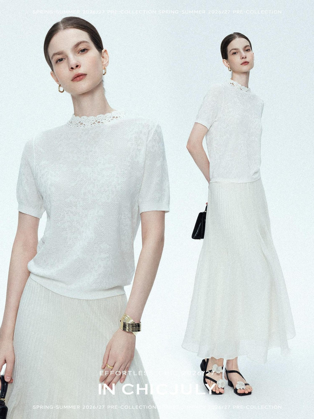 chicjuly Ivory Jacquard Heavyweight Knit Women's Acetate Short Sleeve T-shirts