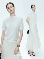 chicjuly Ivory Jacquard Heavyweight Knit Women's Acetate Short Sleeve T-shirts