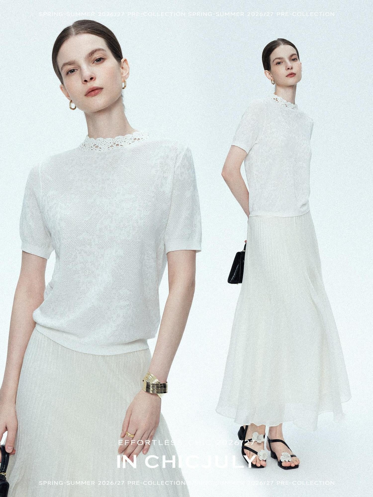 chicjuly Ivory Jacquard Heavyweight Knit Women's Acetate Short Sleeve T-shirts