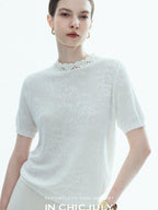 chicjuly Ivory Jacquard Heavyweight Knit Women's Acetate Short Sleeve T-shirts