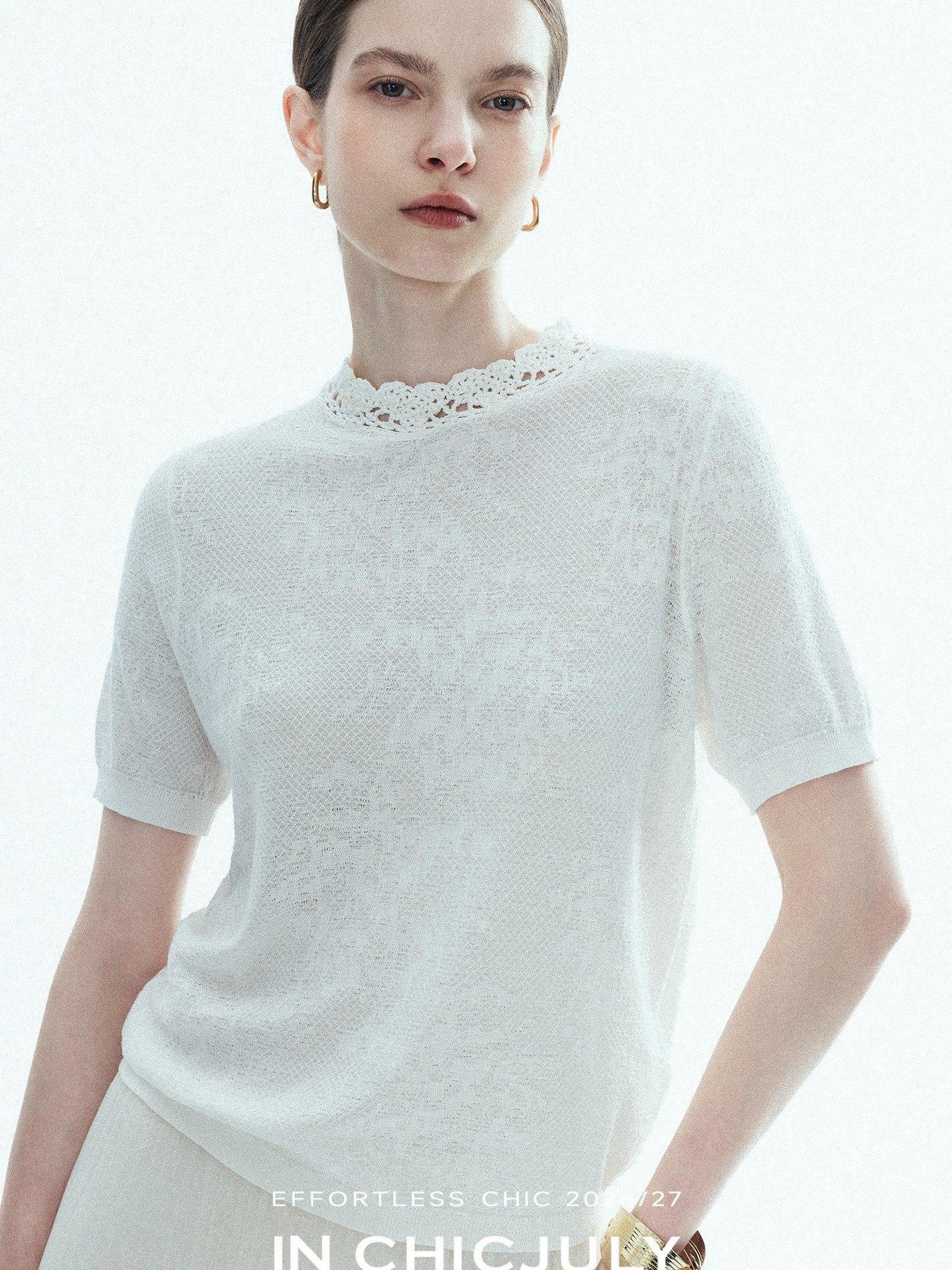 chicjuly Ivory Jacquard Heavyweight Knit Women's Acetate Short Sleeve T-shirts