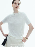 chicjuly Ivory Jacquard Heavyweight Knit Women's Acetate Short Sleeve T-shirts