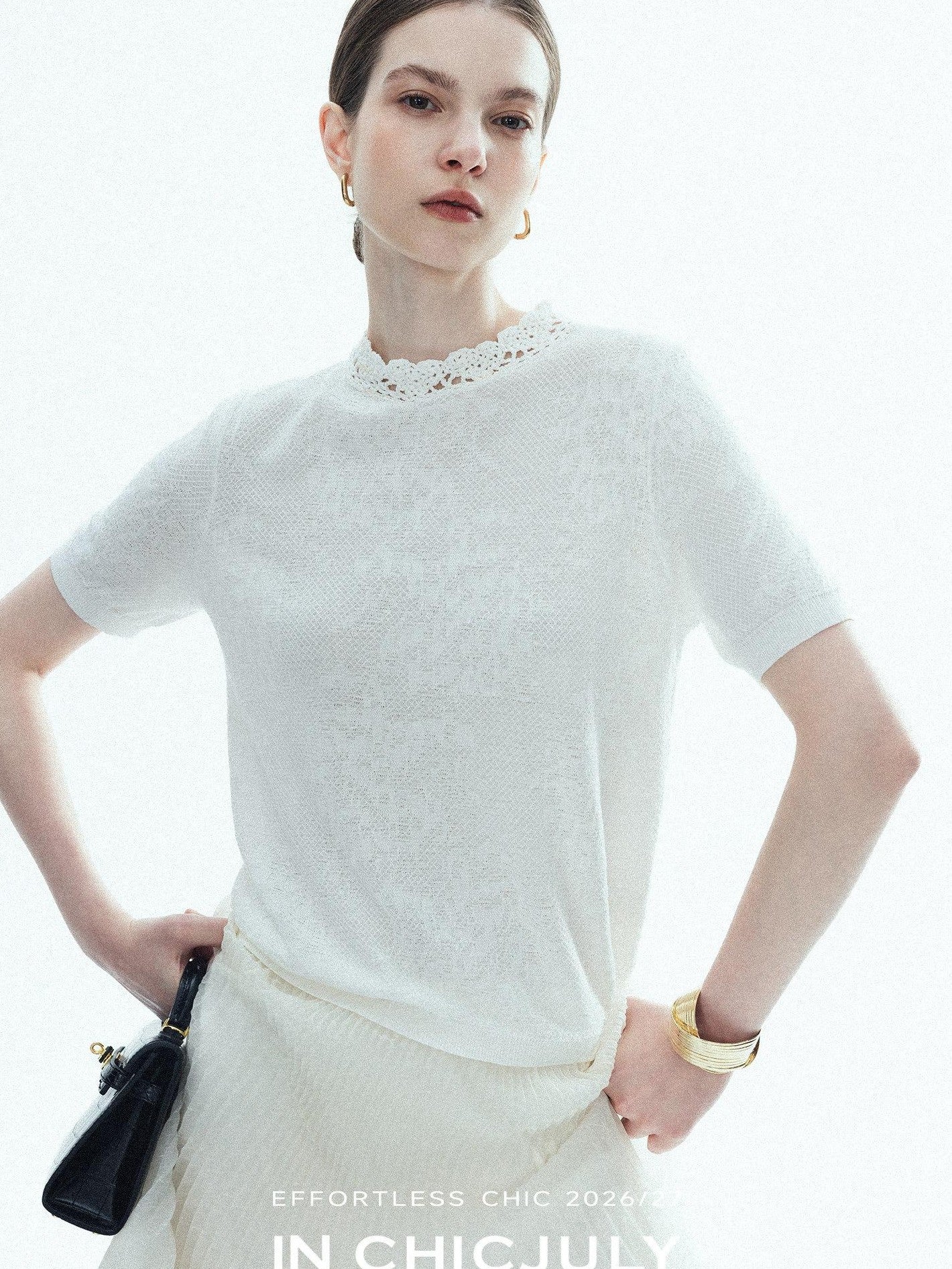 chicjuly Ivory Jacquard Heavyweight Knit Women's Acetate Short Sleeve T-shirts