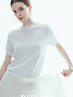 chicjuly Ivory Jacquard Heavyweight Knit Women's Acetate Short Sleeve T-shirts