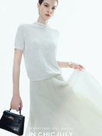 chicjuly Ivory Jacquard Heavyweight Knit Women's Acetate Short Sleeve T-shirts