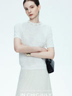 chicjuly Ivory Jacquard Heavyweight Knit Women's Acetate Short Sleeve T-shirts
