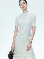 chicjuly Ivory Jacquard Heavyweight Knit Women's Acetate Short Sleeve T-shirts