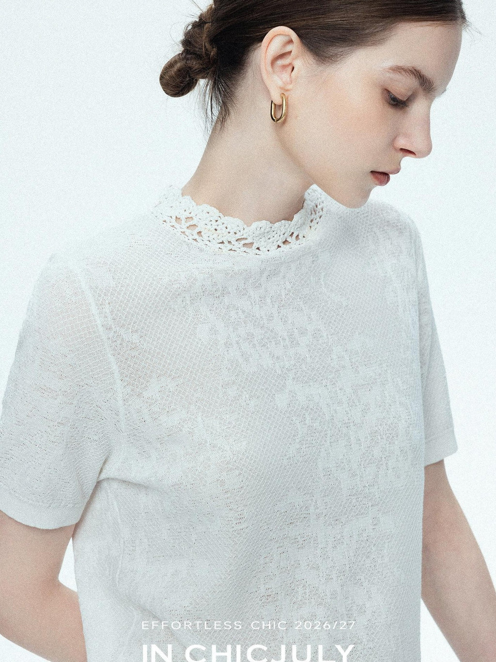 chicjuly Ivory Jacquard Heavyweight Knit Women's Acetate Short Sleeve T-shirts