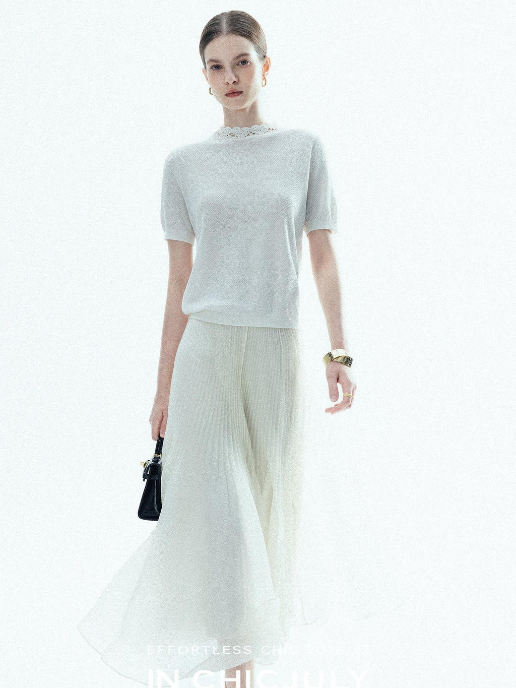 chicjuly Ivory Jacquard Heavyweight Knit Women's Acetate Short Sleeve T-shirts