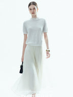 chicjuly Ivory Jacquard Heavyweight Knit Women's Acetate Short Sleeve T-shirts