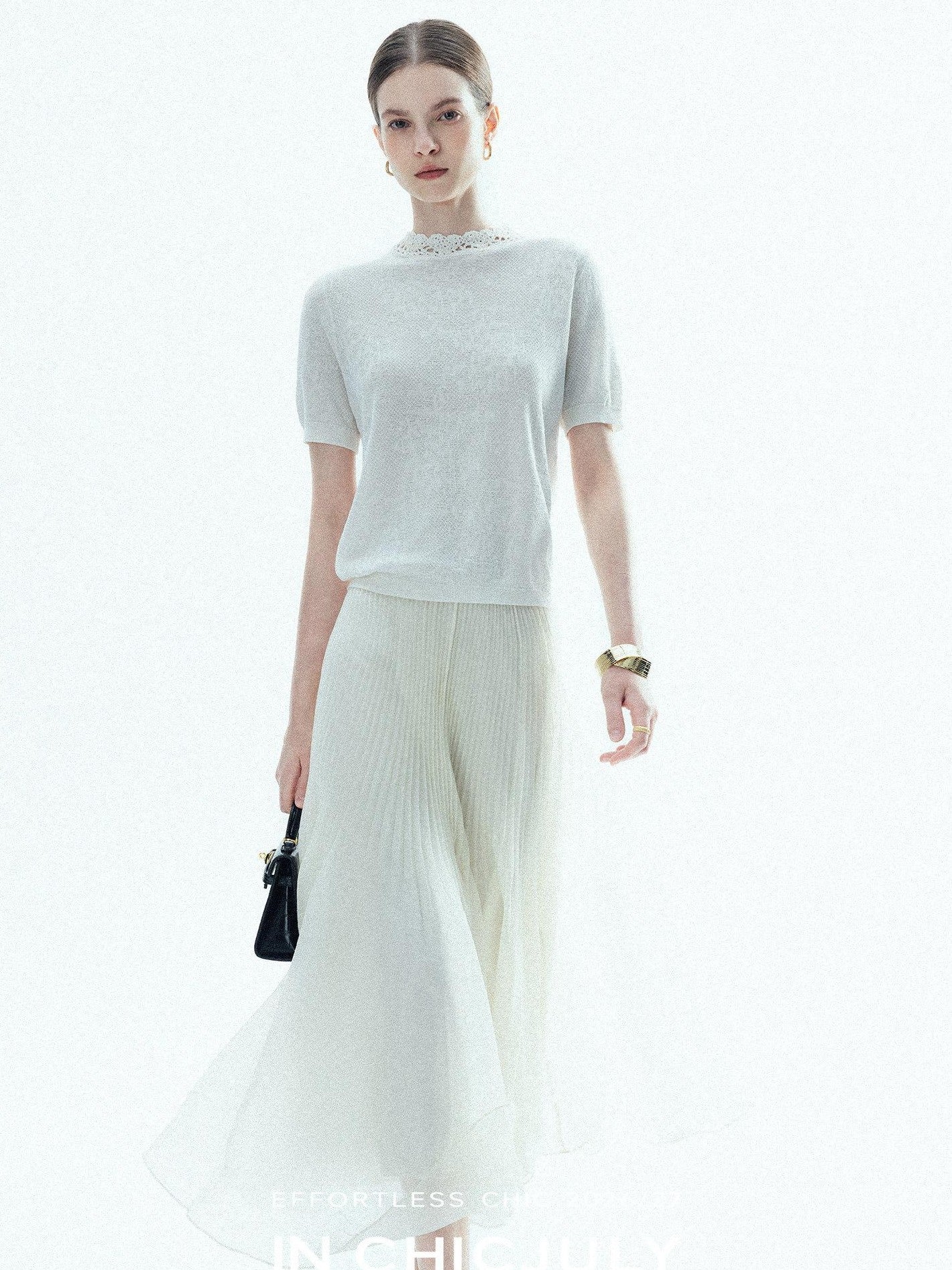 chicjuly Ivory Jacquard Heavyweight Knit Women's Acetate Short Sleeve T-shirts