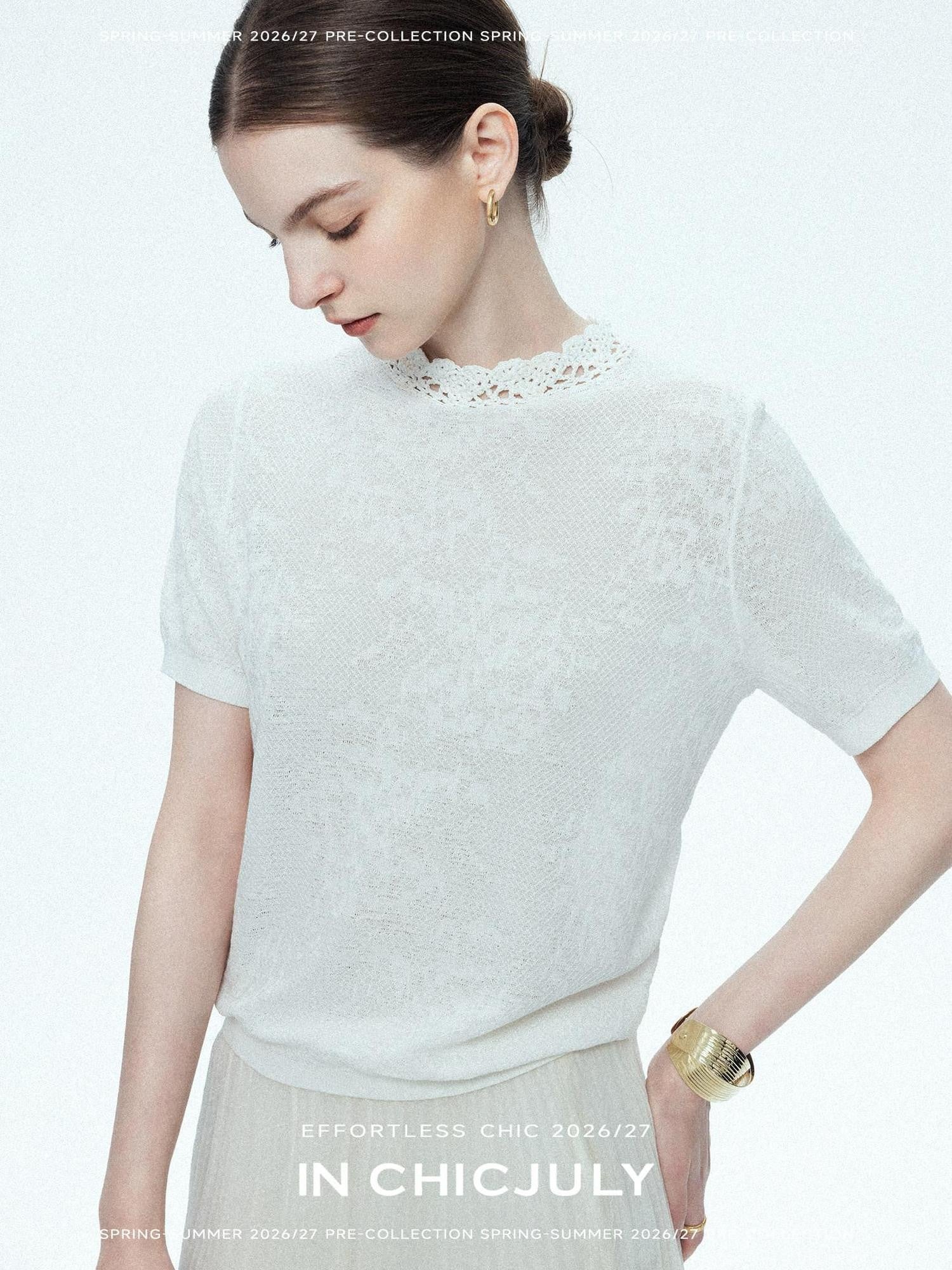 chicjuly Ivory Jacquard Heavyweight Knit Women's Acetate Short Sleeve T-shirts