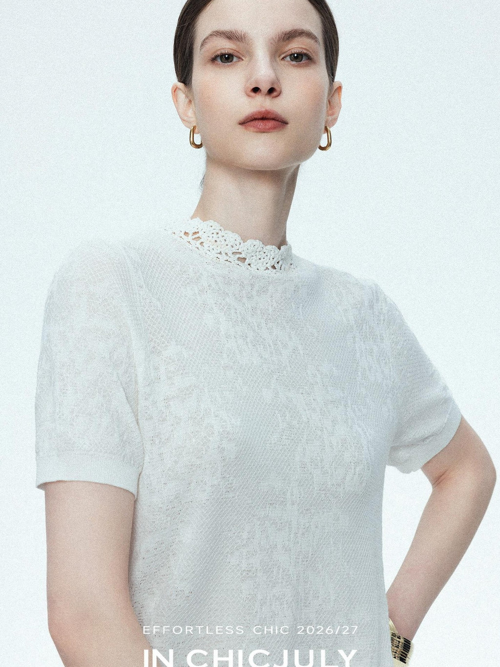 chicjuly Ivory Jacquard Heavyweight Knit Women's Acetate Short Sleeve T-shirts