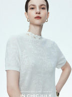 chicjuly Ivory Jacquard Heavyweight Knit Women's Acetate Short Sleeve T-shirts