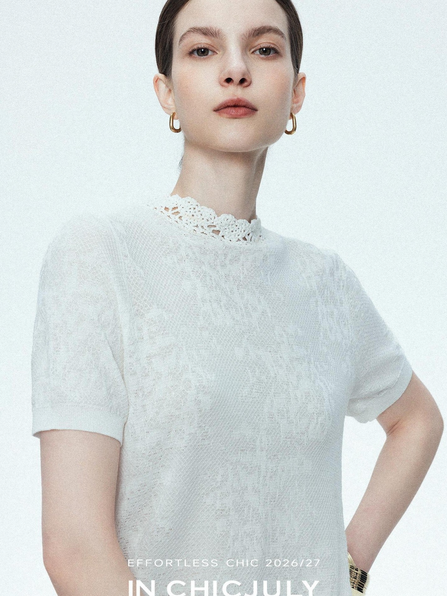 chicjuly Ivory Jacquard Heavyweight Knit Women's Acetate Short Sleeve T-shirts