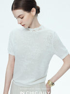 chicjuly Ivory Jacquard Heavyweight Knit Women's Acetate Short Sleeve T-shirts