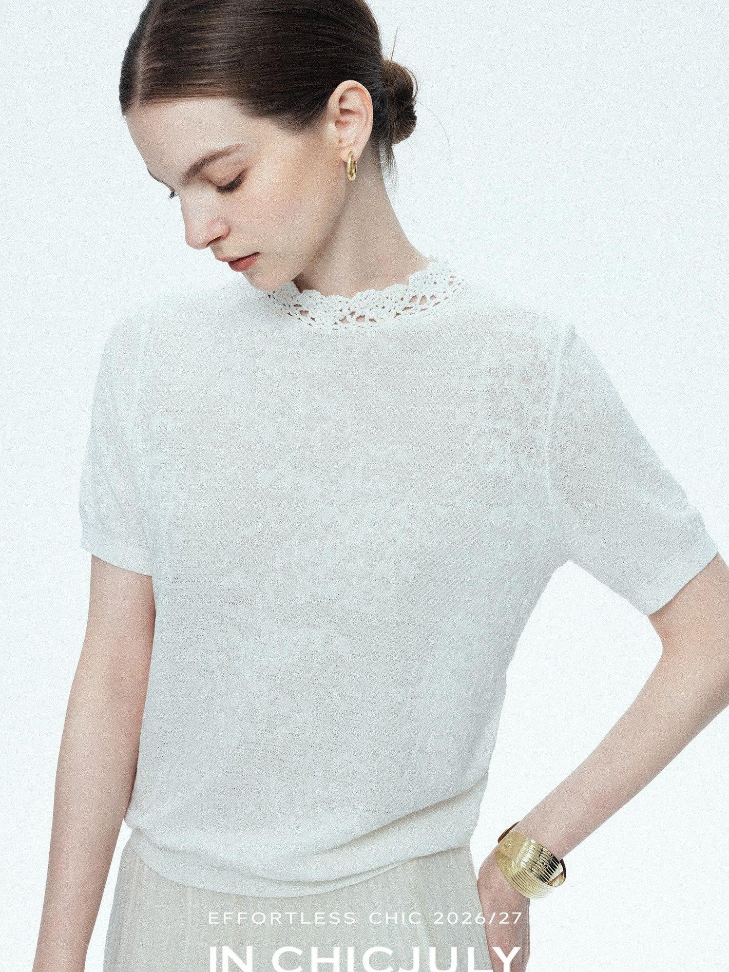chicjuly Ivory Jacquard Heavyweight Knit Women's Acetate Short Sleeve T-shirts