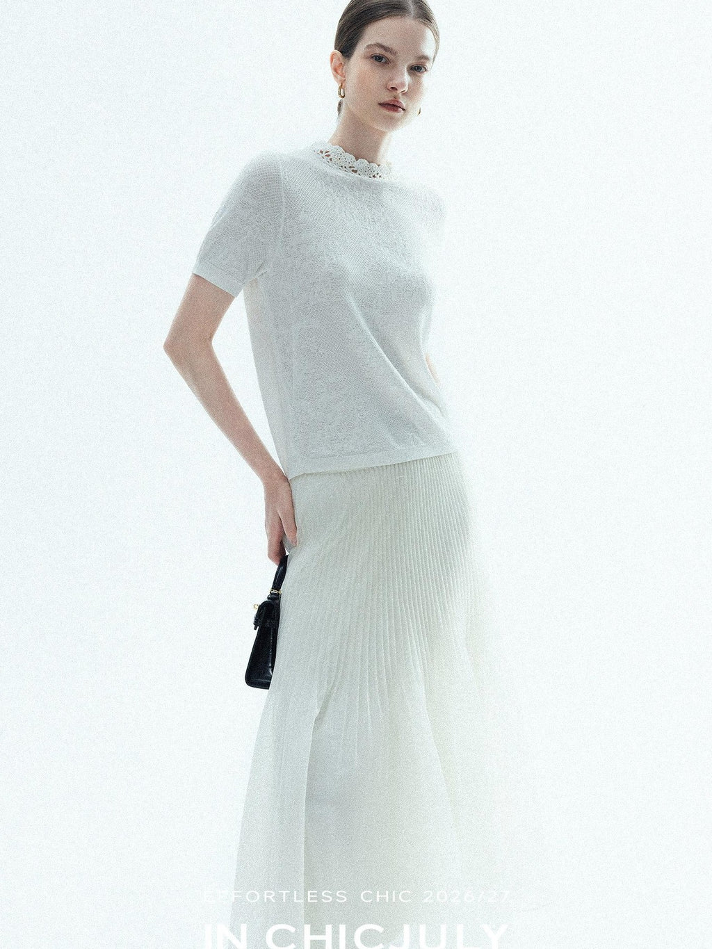 chicjuly Ivory Jacquard Heavyweight Knit Women's Acetate Short Sleeve T-shirts