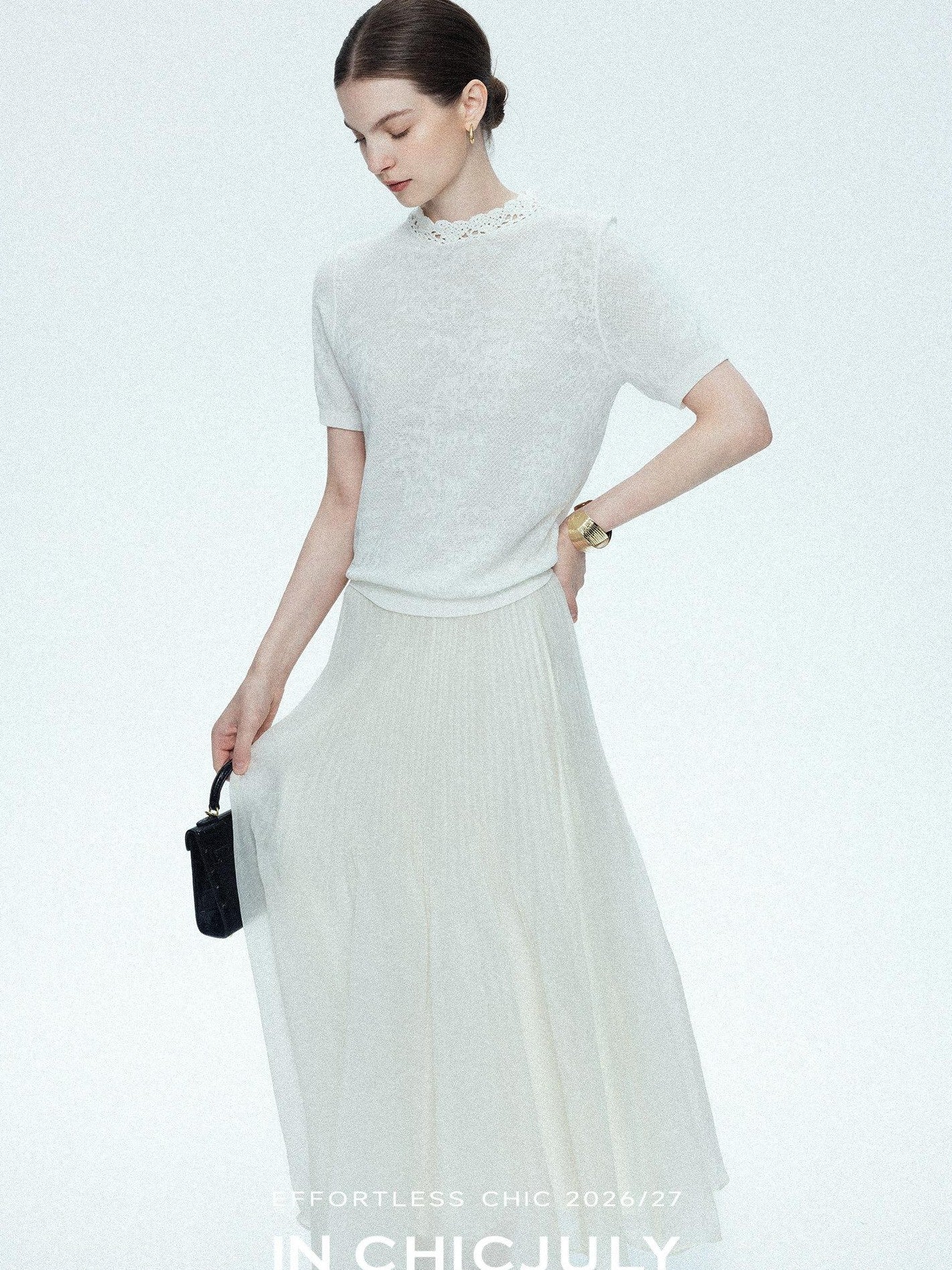 chicjuly Ivory Jacquard Heavyweight Knit Women's Acetate Short Sleeve T-shirts