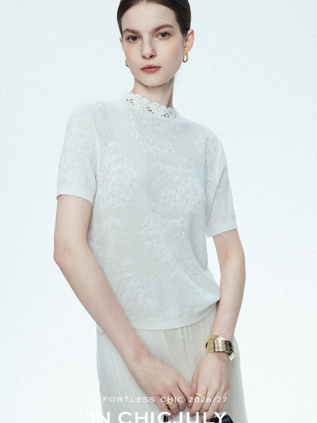 chicjuly Ivory Jacquard Heavyweight Knit Women's Acetate Short Sleeve T-shirts