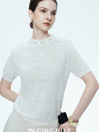 chicjuly Ivory Jacquard Heavyweight Knit Women's Acetate Short Sleeve T-shirts