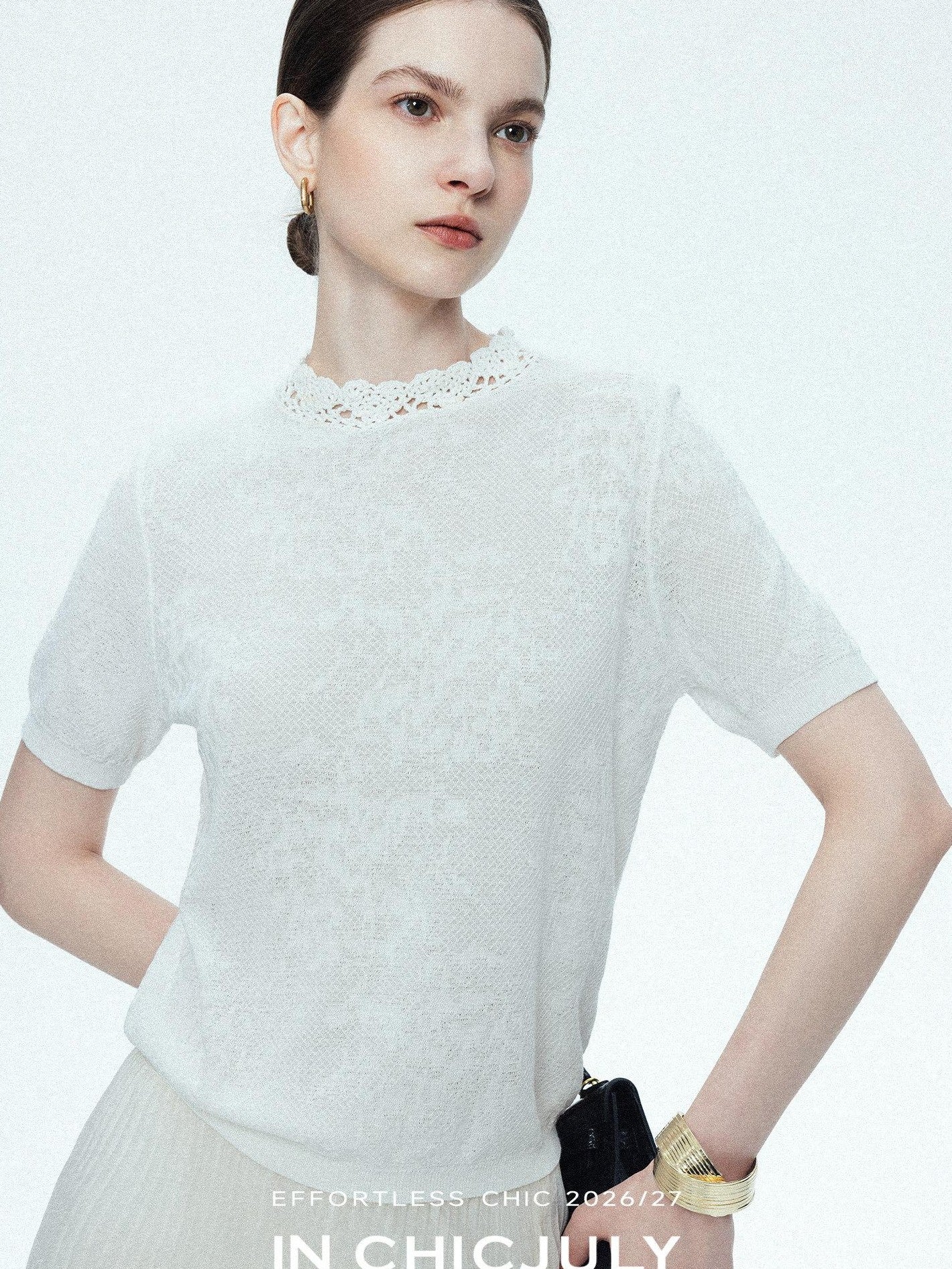 chicjuly Ivory Jacquard Heavyweight Knit Women's Acetate Short Sleeve T-shirts