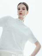 chicjuly Ivory Jacquard Heavyweight Knit Women's Acetate Short Sleeve T-shirts