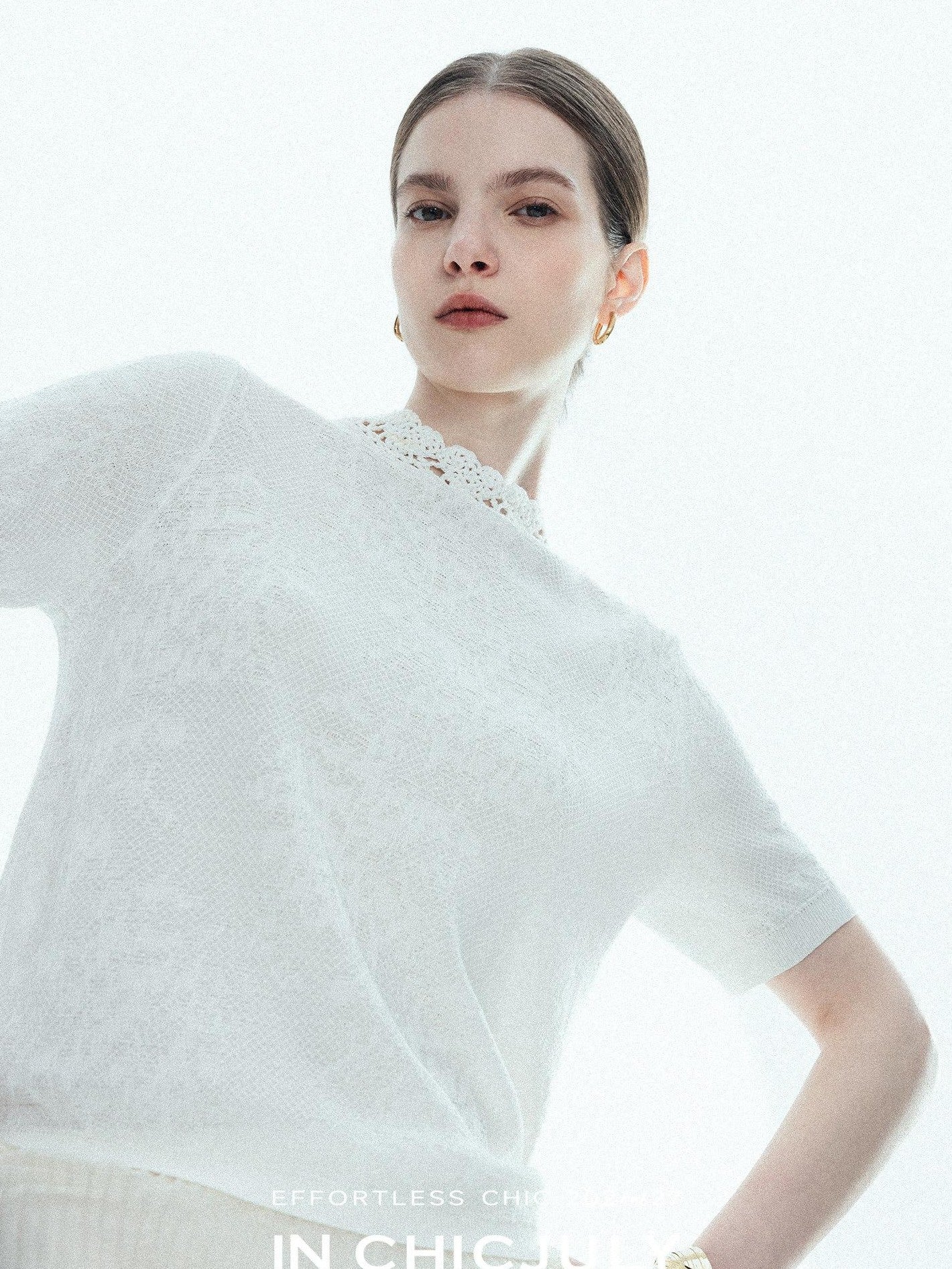 chicjuly Ivory Jacquard Heavyweight Knit Women's Acetate Short Sleeve T-shirts
