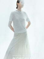 chicjuly Ivory Jacquard Heavyweight Knit Women's Acetate Short Sleeve T-shirts