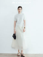 chicjuly Ivory Jacquard Heavyweight Knit Women's Acetate Short Sleeve T-shirts