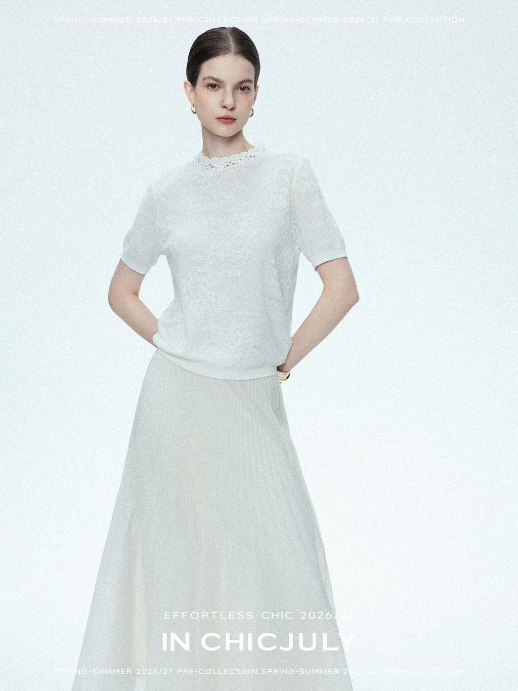 chicjuly Ivory Jacquard Heavyweight Knit Women's Acetate Short Sleeve T-shirts