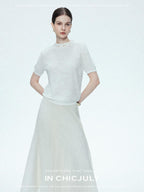 chicjuly Ivory Jacquard Heavyweight Knit Women's Acetate Short Sleeve T-shirts