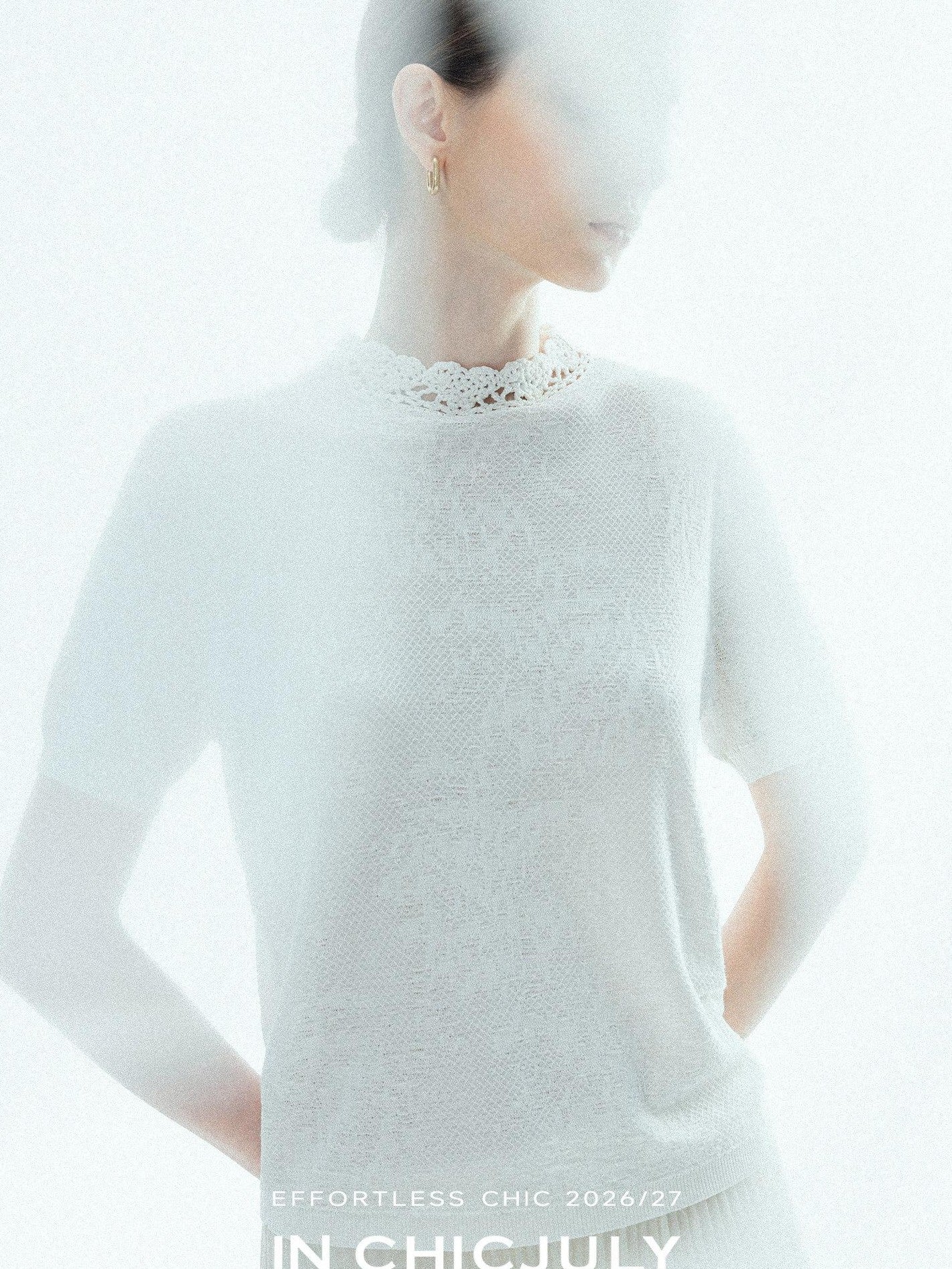 chicjuly Ivory Jacquard Heavyweight Knit Women's Acetate Short Sleeve T-shirts