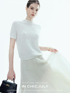 chicjuly Ivory Jacquard Heavyweight Knit Women's Acetate Short Sleeve T-shirts