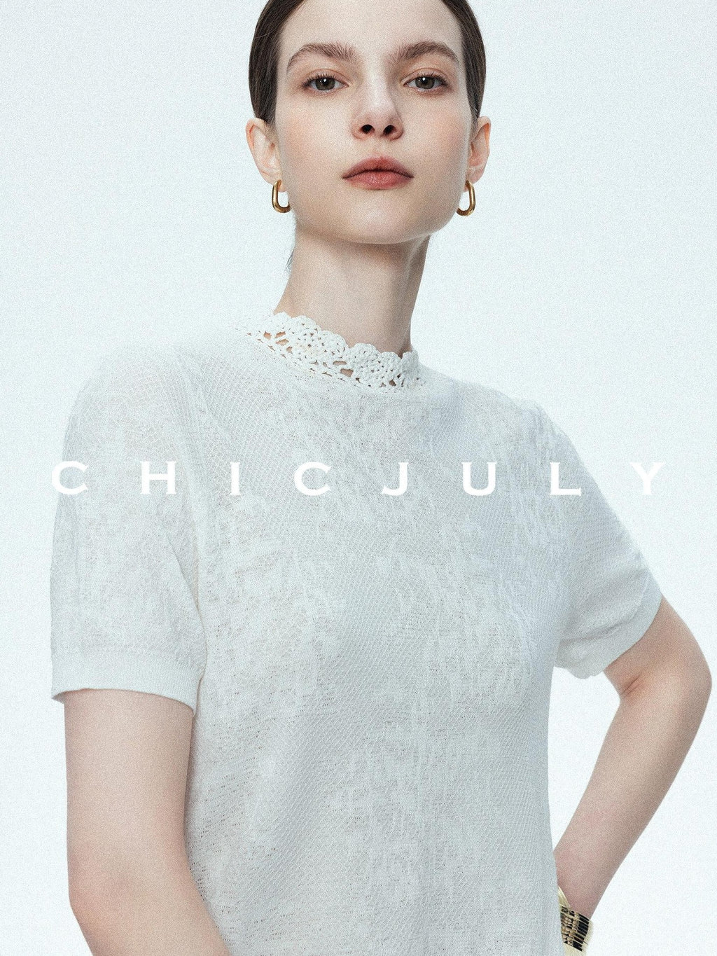 chicjuly Ivory Jacquard Heavyweight Knit Women's Acetate Short Sleeve T-shirts