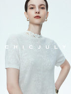chicjuly Ivory Jacquard Heavyweight Knit Women's Acetate Short Sleeve T-shirts