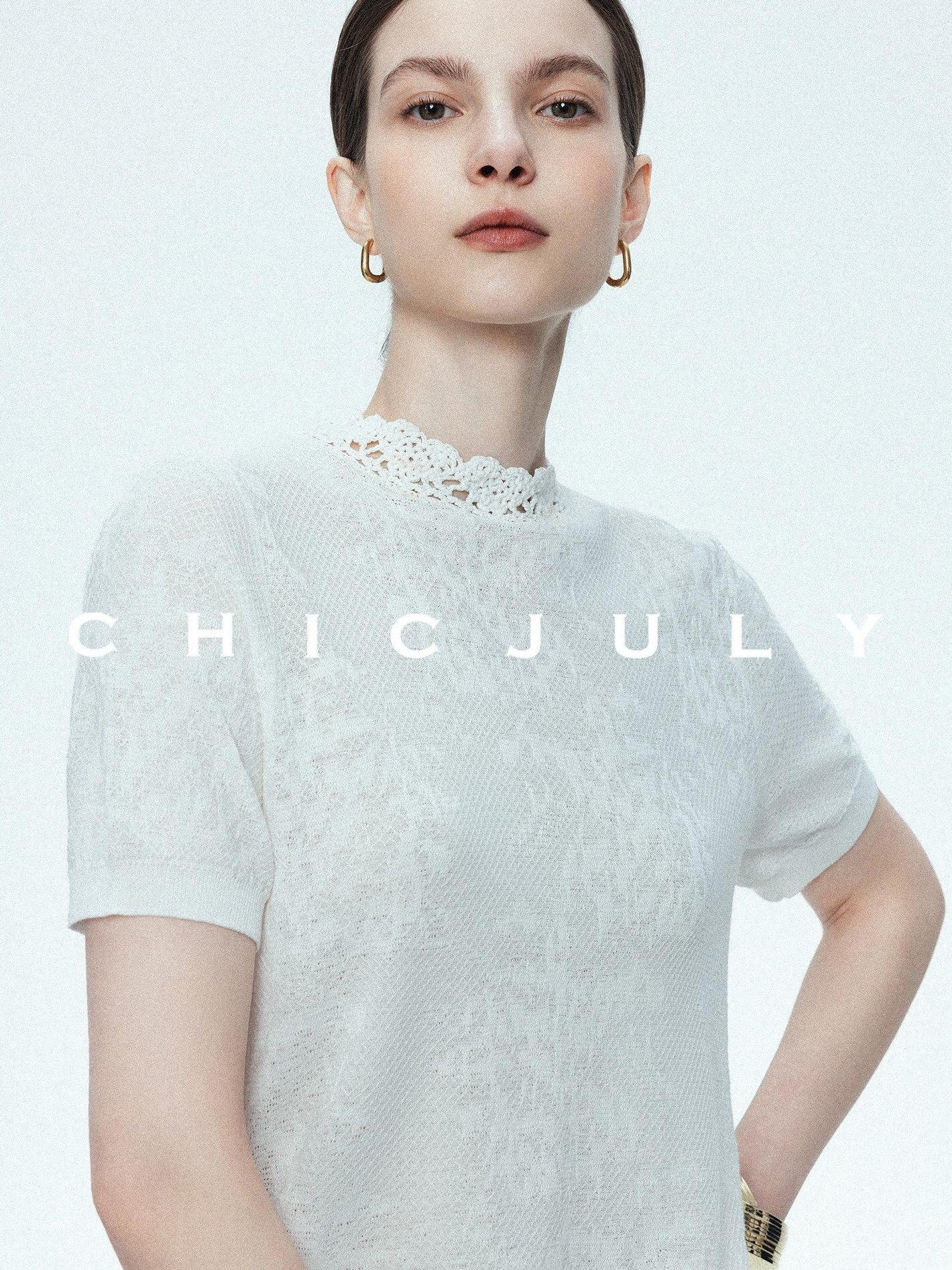 chicjuly Ivory Jacquard Heavyweight Knit Women's Acetate Short Sleeve T-shirts