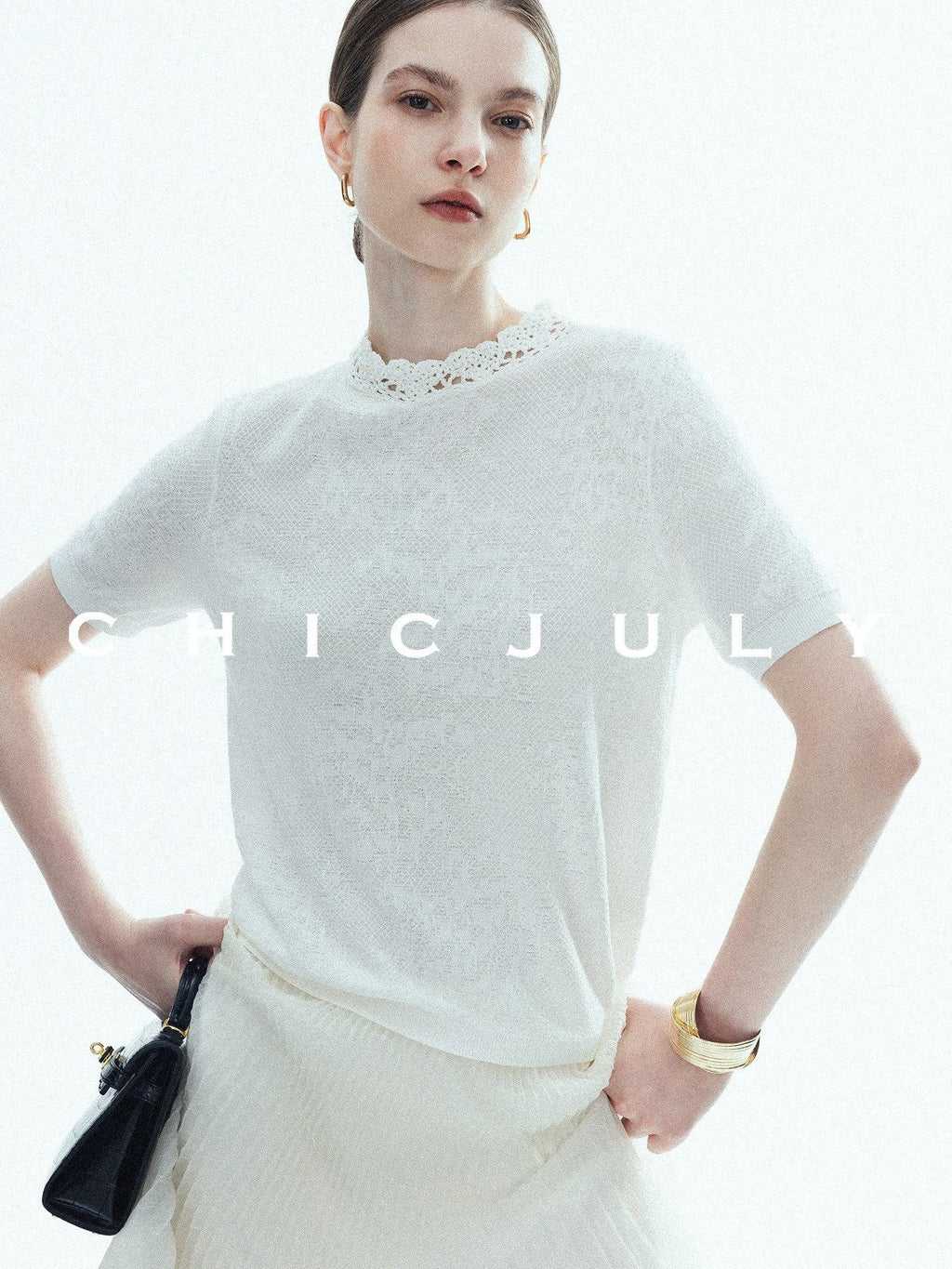 chicjuly Ivory Jacquard Heavyweight Knit Women's Acetate Short Sleeve T-shirts